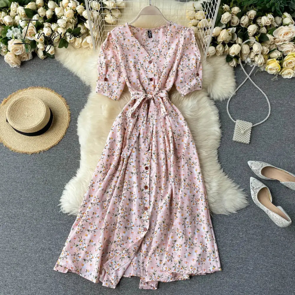 Ingvn - beach Red elegant sexy Dress women Summer Autumn V-neck polka dot midi dress waist split dress vestidos de fiesta clothes
