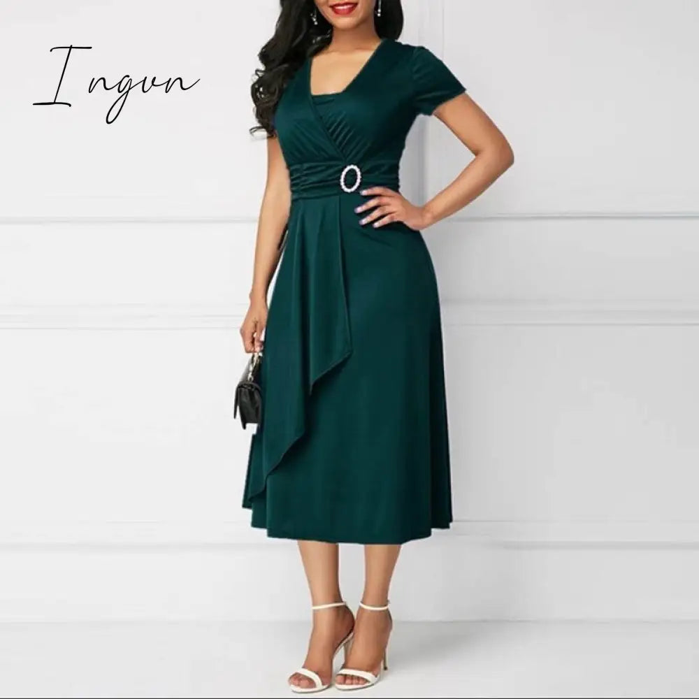 Ingvn - 2023 New Trends Retro Women High Waist Irregular Midi Dresses Summer Fashion V-neck Short Sleeve A-line Party Dress Elegant Office Lady Vestidos