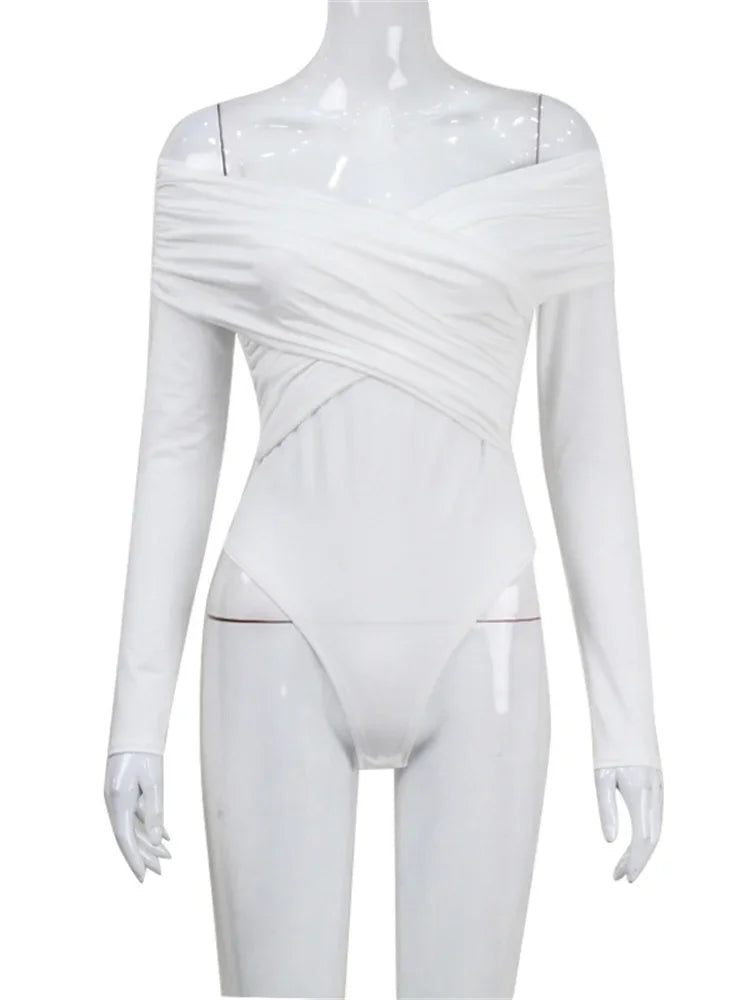 White See-Through Patchwork Jumpsuit For Women Pleated Slim Sexy High Waist Long Sleeve Off-Shoulder Rompers Streetwear