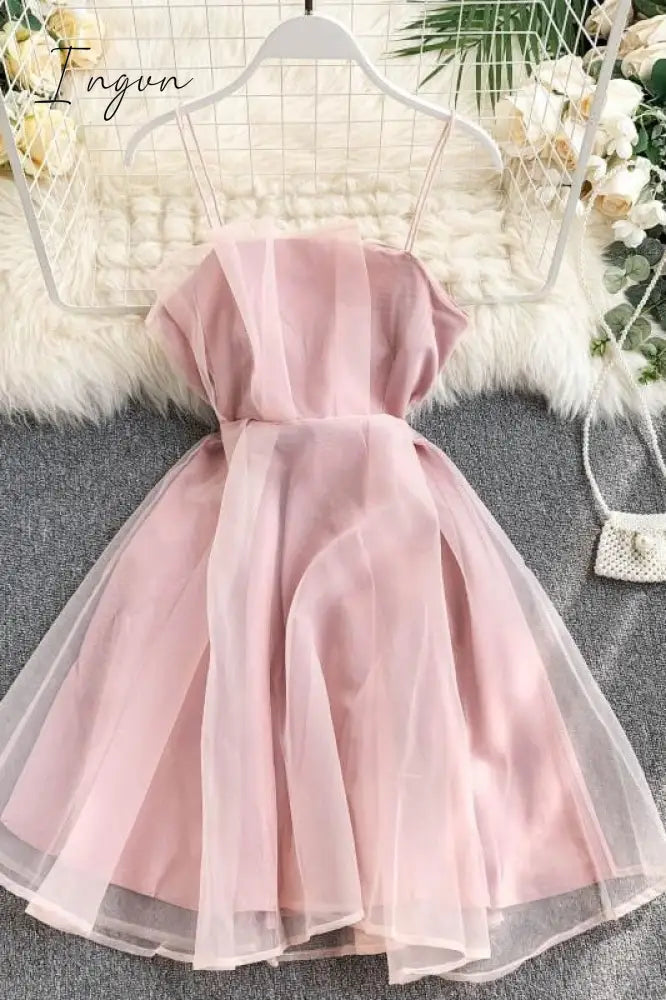 Ingvn - Spring Outfits Summer Spaghetti Strap High Waist Sleeveless Mini Chiffon Elegant Women Lady Female Dress