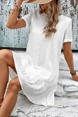 Ingvn - Casual Simplicity Solid Hollowed Out O Neck A Line Short Sleeve Dress