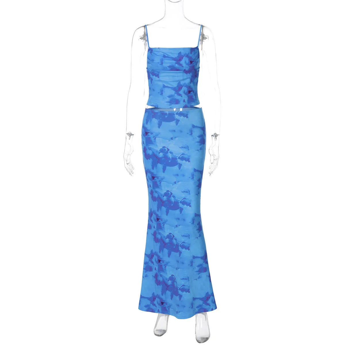 Strapless Print Sexy Two Piece Sets Women Spaghetti Strap Crop Tops And Maxi Skirt Female Elegant Printed 2 Piece Sets
