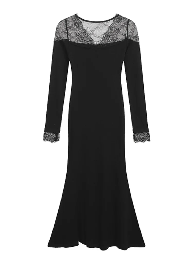 Autumn Lace Patchwork Womens Dresses Elegant V-Neck Bodycon Evening Party Mermaid Dress Slim Waist Midi Vestidos Female Clothing