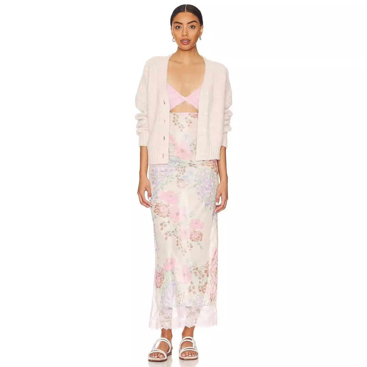 Summer New  Lace Backless Shoulder Strap Stitching Vented Color Long dress Women's Clothing