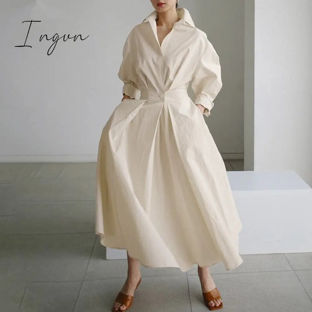 Ingvn - Elegant Women Spring Autumn Sundress Fashion Lapel Neck Long Sleeve Solid Long Shirt Dress OL Vestidos Robe Femme 5XL Long Dress
