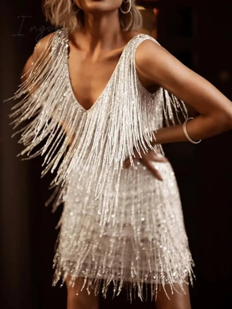 Ingvn - Women‘s Party Dress Fringe Dress Short Mini Dress White Gold Sleeveless Pure Color Tassel Fringe Spring Summer Spaghetti Strap Party Sexy Gatsby Party 2023 S M L XL XXL / Winter