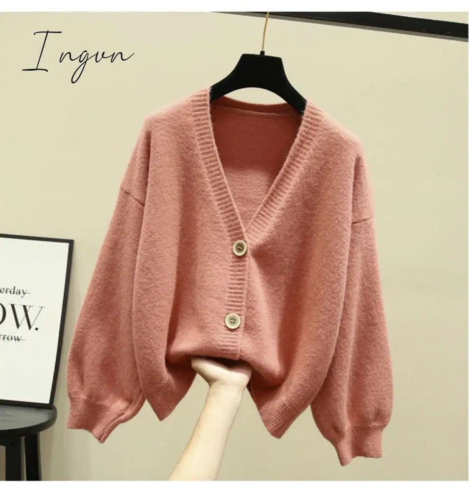 Ingvn - Oversized Cardigan Women Spring Casual Solid V Neck Long Sleeve Cardigan Sweater Female Knit Jacket Coat Green Pink