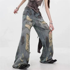 Ingvn  Women's Wear Through Dirty Blue Distressed Jeans Summer Girl Wide-leg Denim Trousers Vintage Bottoms Female High Waisted Pants