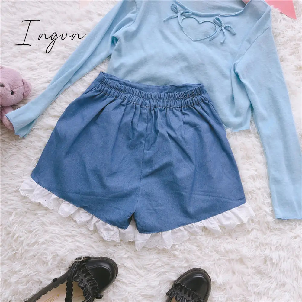 Ingvn - Summer Outfits Trends Cute Lolita Girls Denim Shorts Japanese Sweet High Waist Lace Irregular Women's Shorts S-4XL Summer Kawaii Sexy Blue Shorts