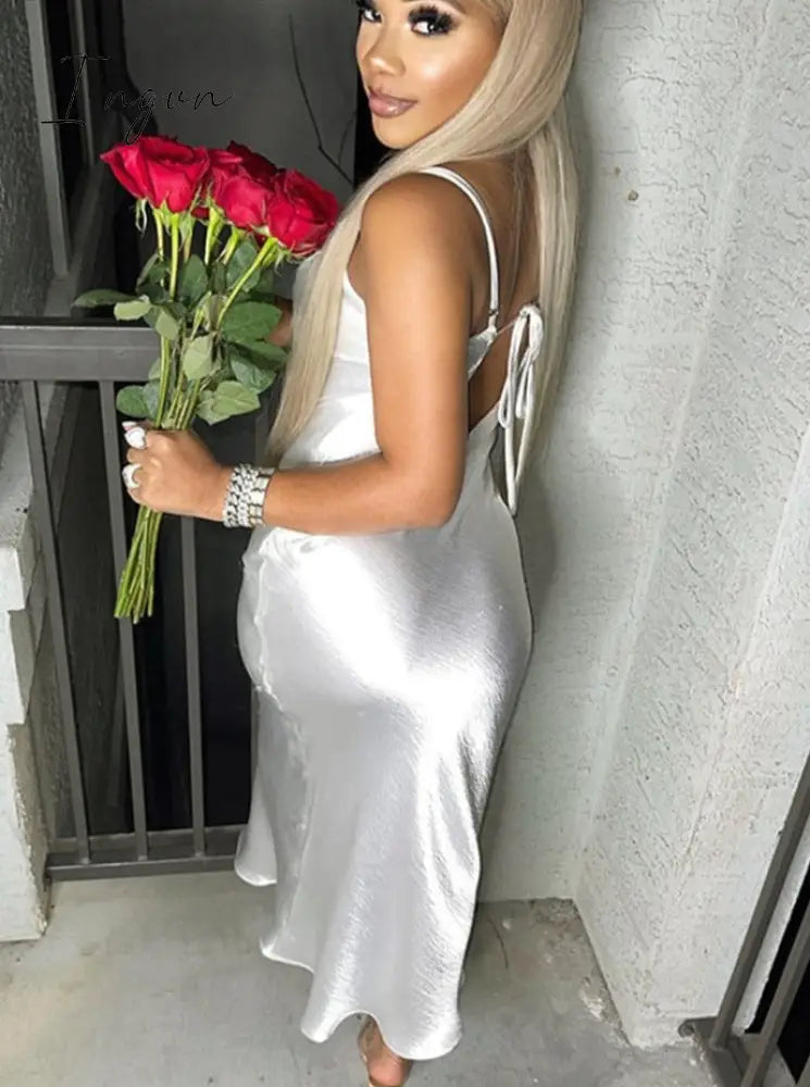 Ingvn - Sexy Spaghetti Strap Long Dress Silver Backless Elegant Bandage Bodycon Satin Dresses Summer Women Party Outfits