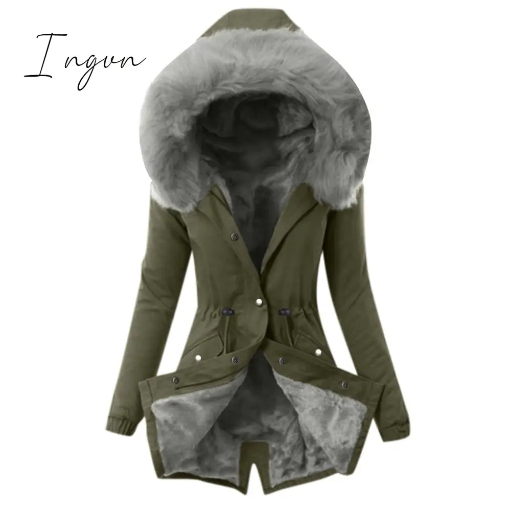 Ingvn - Ultra Cozy Fur Button Up Waist Drawstring Pocket Cotton Coat