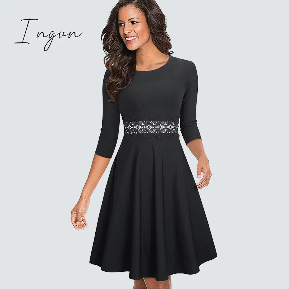 Ingvn - Women Vintage Casual Round Neck A line Summer Elegant Floral Lace Patchwork Sleeveless Tunic Party Swing Dress HA079