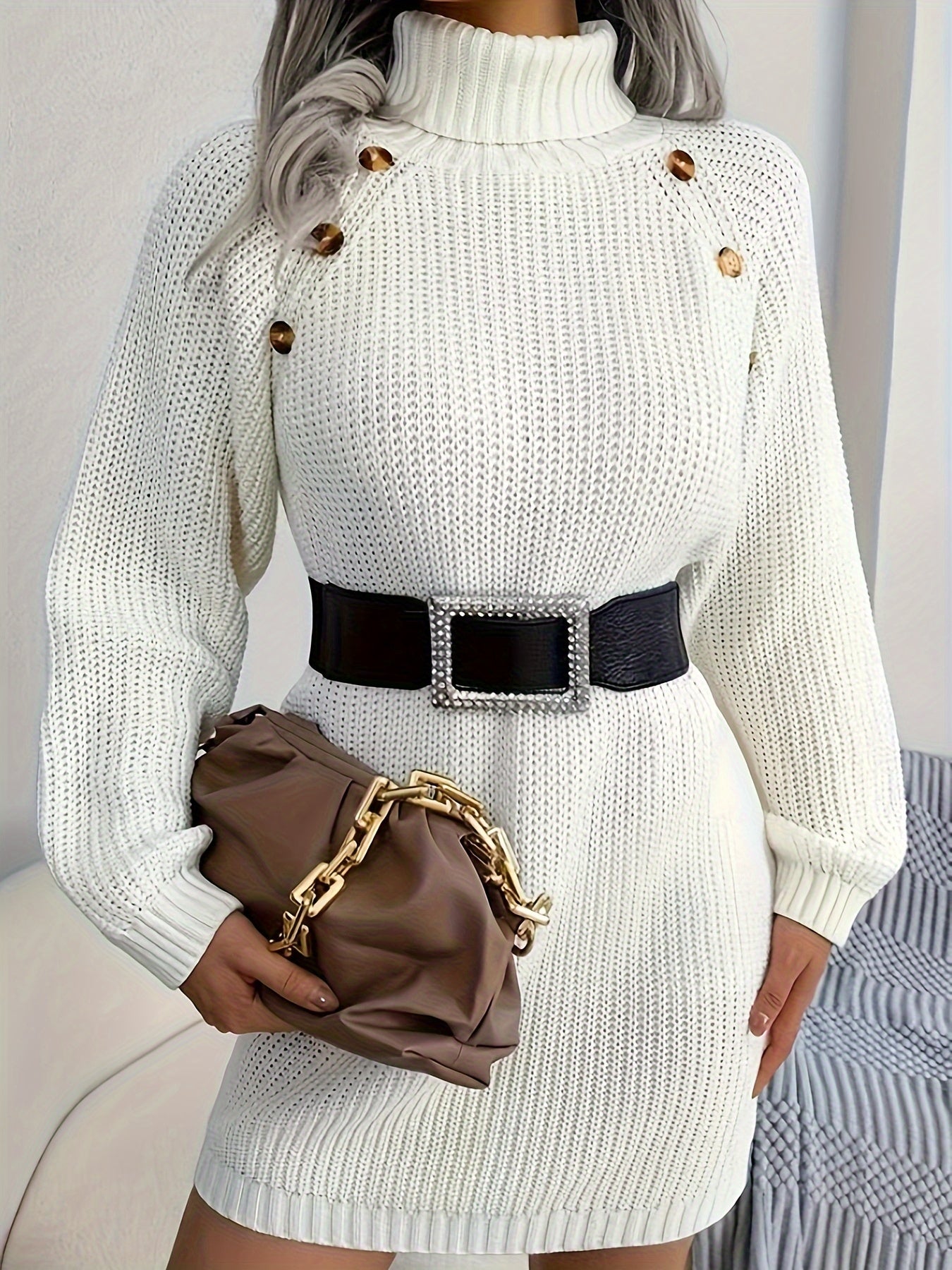 Turtleneck Solid Sweater Dress, Casual Long Sleeve Bodycon Dress, Women's Clothing
