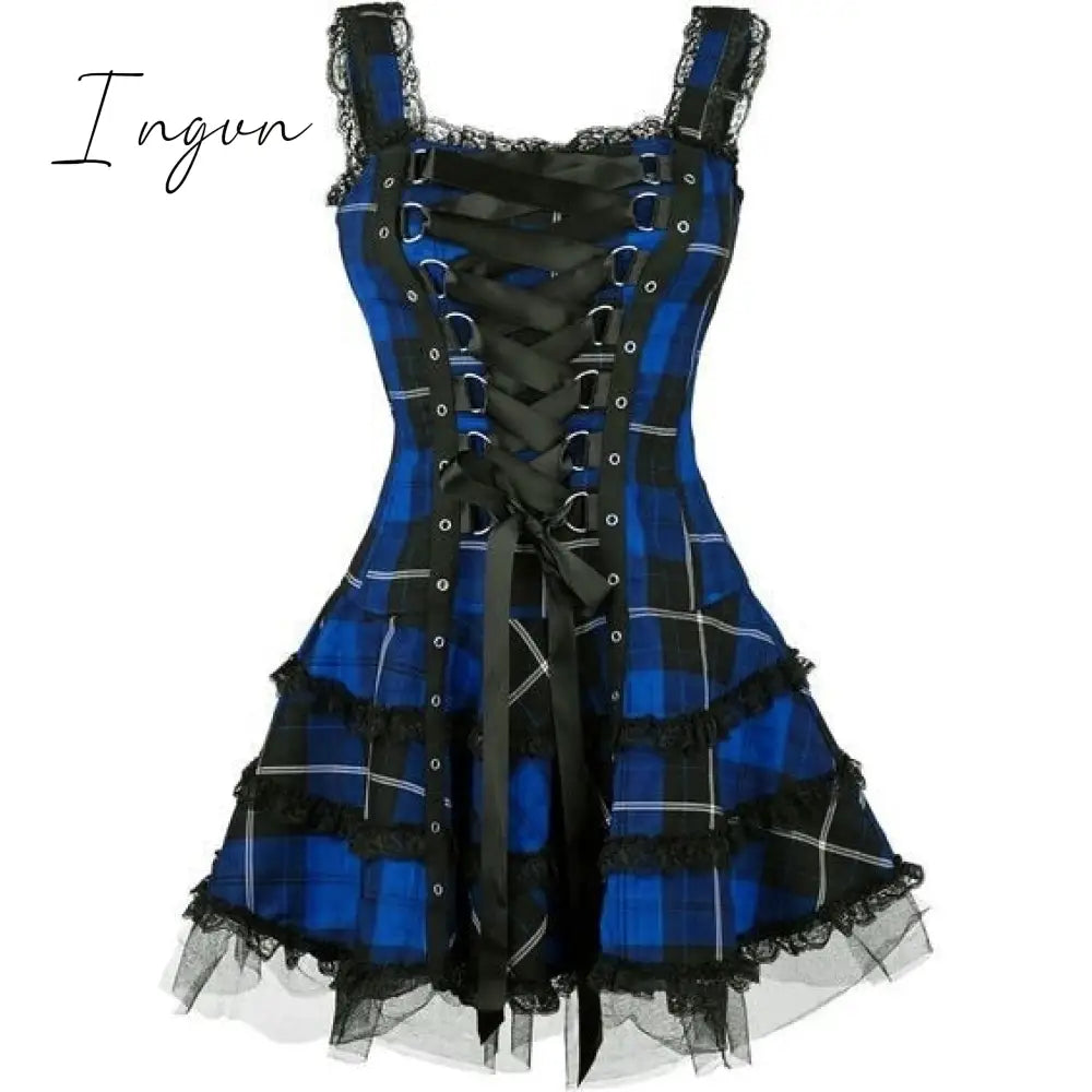 Ingvn - Dress Women Classic Frill Lace Dresses Sleeveless Plaid Vintage Gothic Mini Dresses Ball Gowns Cosplay Costume Plus Size Dress