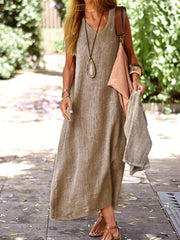 Solid Color V-Neck Maxi Dress - Fashionable Sleeveless & Loose Fit - Perfect for Summer & Spring - Womens Casual Everyday Wear