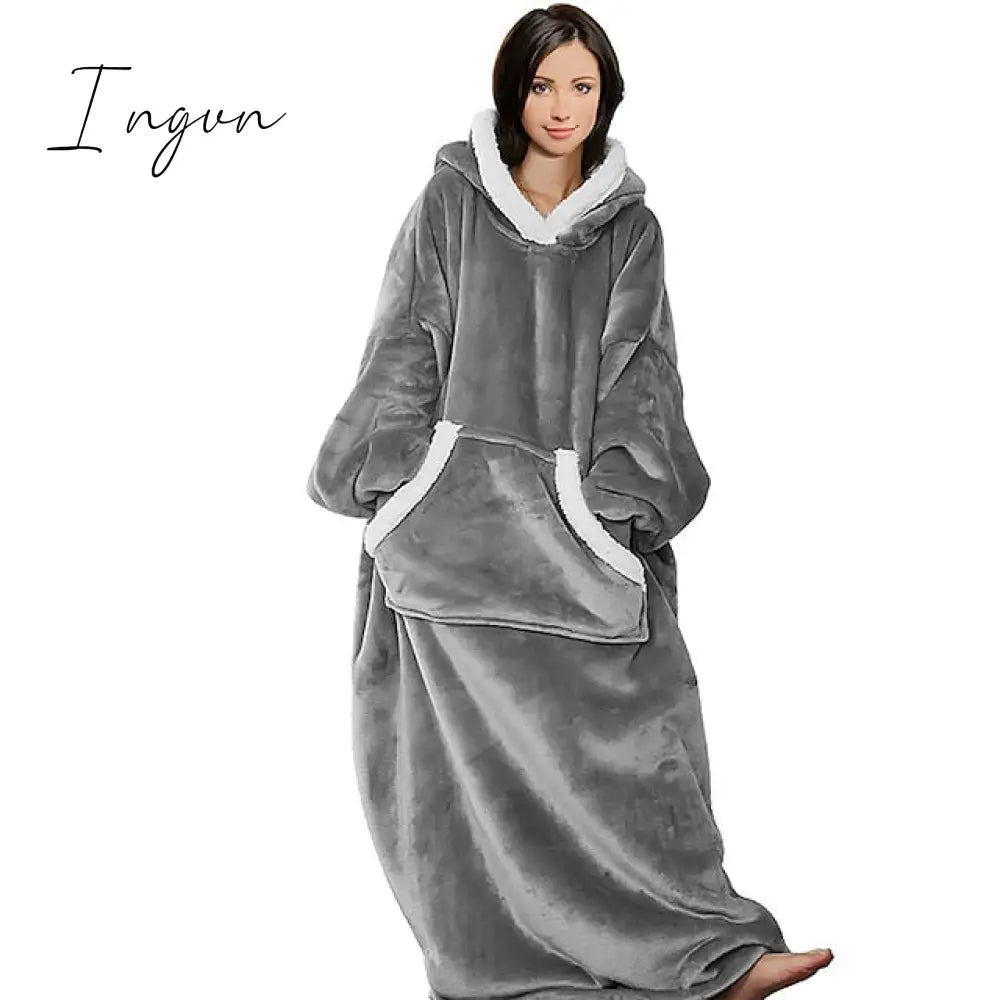 Ingvn - Women's Pajamas Nightgown Wearable Blanket Hoodie Blanket Pure Color Warm Comfort Oversized Home Daily Bed Fleece Hoodie Long Sleeve Hoodie Winter Fall Lake blue Deep Pink