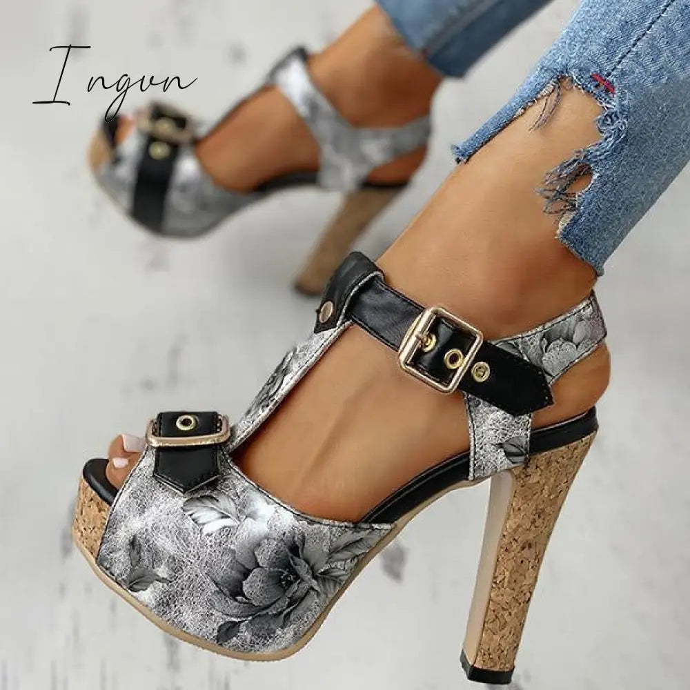 Ingvn - Flower Print Peep Toe Platform Chunky Heels
