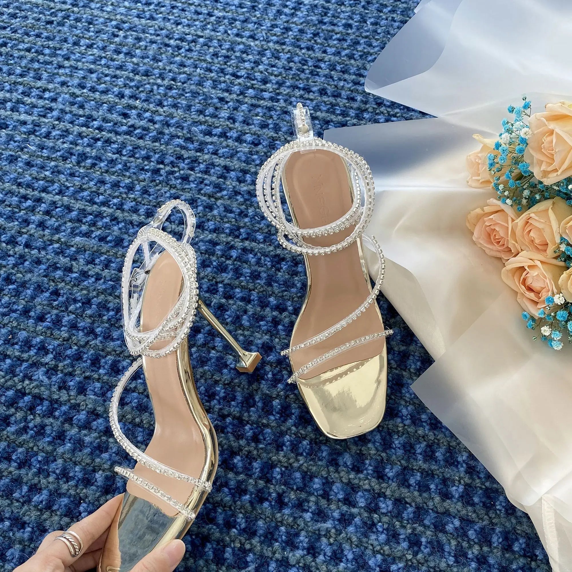 Ingvn  Sandals for Woman Rhinestones Summer  Sexy Open Toe Footwear Thin Heels Women's Shoes Diamond Party Weddings Stiletto Sandal