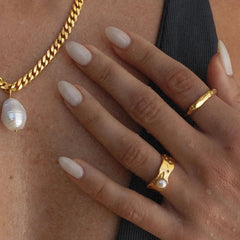 INGVN   Vintage Style Ring 18K PVD gold plated Fresh Water Pearl Stainless Steel Jewelry Elegant Imitation Ring Accessories New