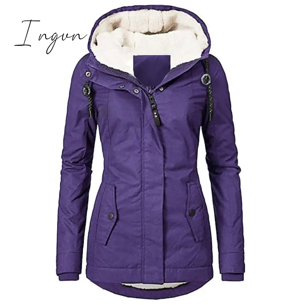 Ingvn - Women's Parka Street Fall Winter Long Coat Windproof Warm 3 in 1 Loose Casual Sports Jacket Long Sleeve Solid Color Zipper Purple Blushing Pink  Waterpoof  Daily Wear Down  Parkas  Lined