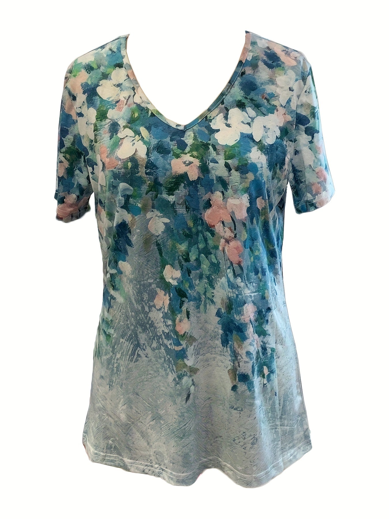 Chic Floral V-Neck Tee - Women's Breathable Short Sleeve Shirt for Spring/Summer Comfort