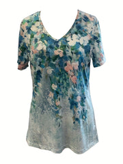 Chic Floral V-Neck Tee - Women's Breathable Short Sleeve Shirt for Spring/Summer Comfort