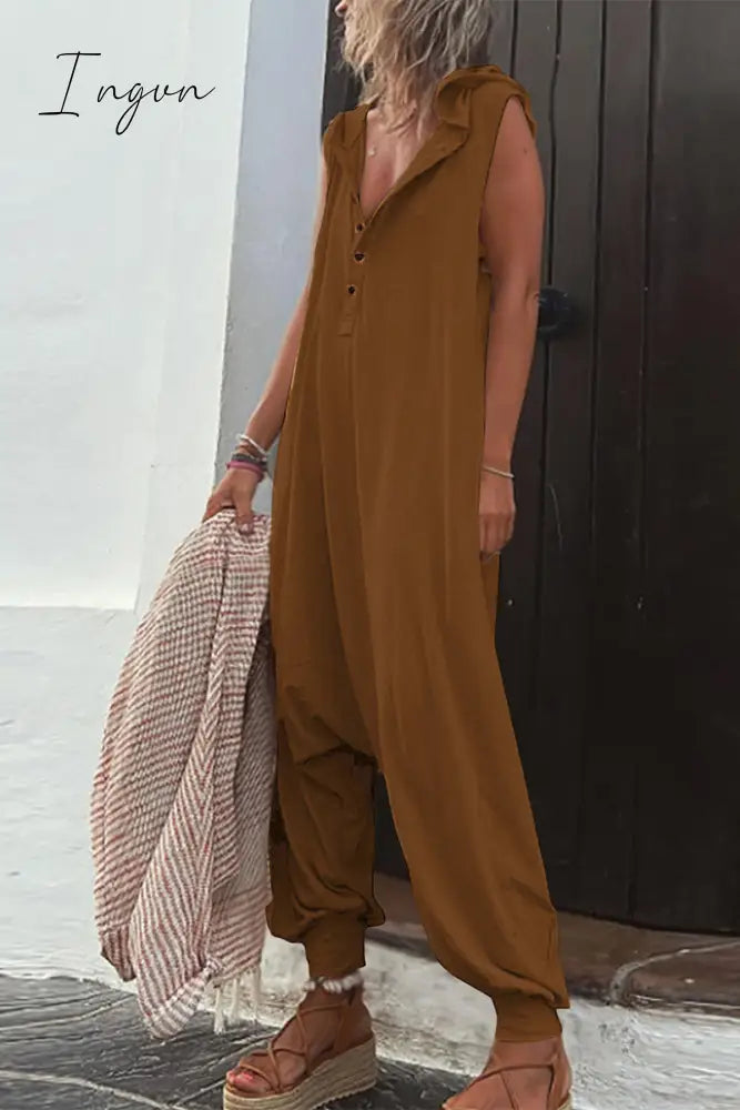 Ingvn - Casual Solid Buckle Hooded Collar Loose Jumpsuits(10 Colors)
