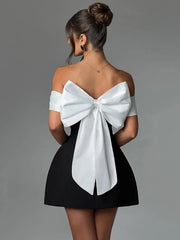 Mozision Bow Backless Sexy Mini Dress For Women Robe Elegant Off-shoulder Strapless Sleeveless A-line Club Sexy Dress Vestido