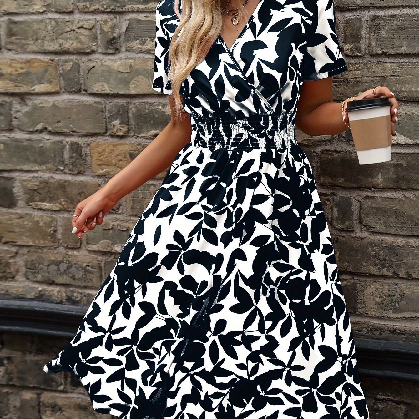Blooming Floral Wrap Neck Dress - Elegant Short Sleeve, V-Neck, A-Line Silhouette, Spring & Summer Essential, Women's Clothing for Chic Occasions