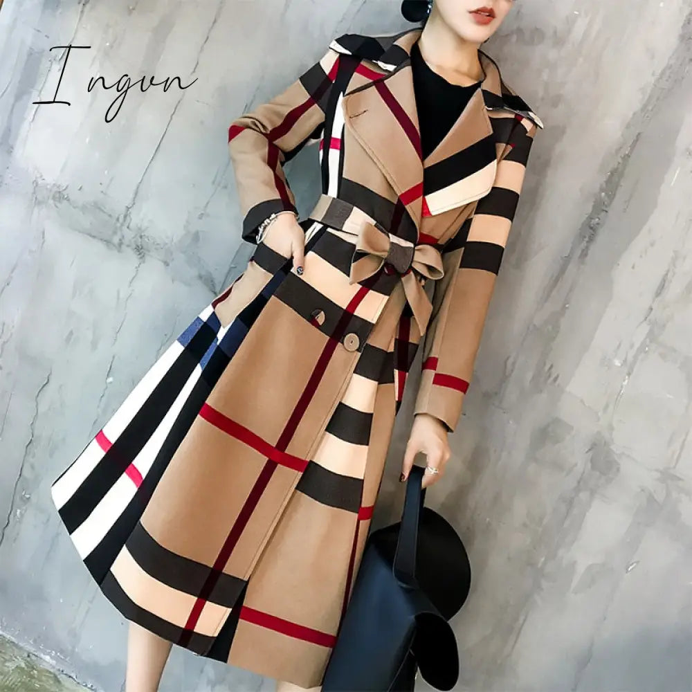 Ingvn - Thickened autumn and winter new women's lapels in the long simple color matching retro plaid coat temperament windbreaker