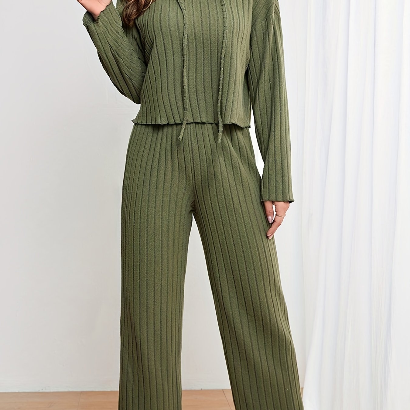 Two-piece Set, Casual Solid Ribbed Drawstring Long Sleeve Hoodie & Wide Leg Pants Outfits for Women