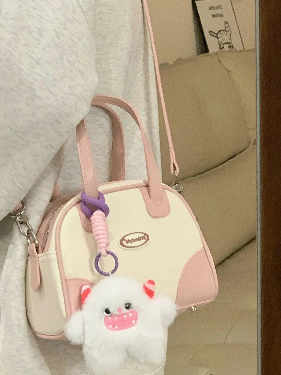 INGVN  Sweet Cute Handbags for Women Pu Leather Letter Pink White Boston Crossbody Bag New Vintage Elegant Bowling Shoulder Bag