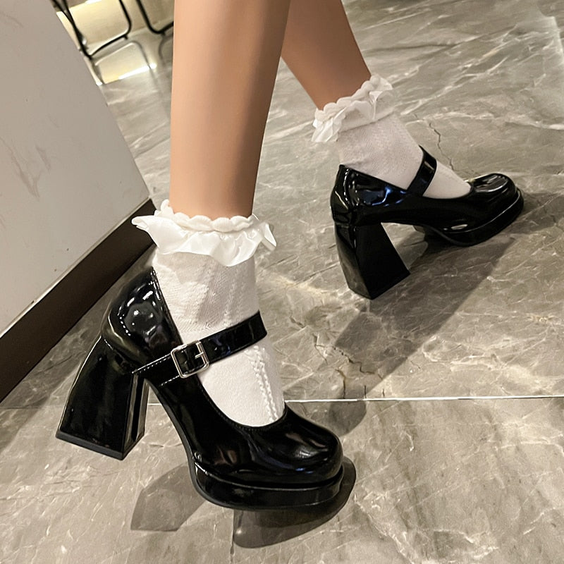 Lucyever Patent Leather Platform Pumps Women Elegant Square Heels Mary Jane Shoes Woman Ankle Buckle High Heeled Shoes Female