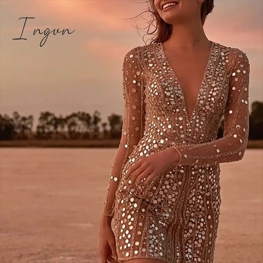 Ingvn - Party Dresses For Women 2023 Bodycon Lady Deep-V  Slim Elegant Long-Sleeved Sequin Dress Women's Club Rave Gold Night