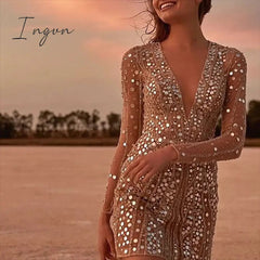 Ingvn - Party Dresses For Women 2023 Bodycon Lady Deep-V  Slim Elegant Long-Sleeved Sequin Dress Women's Club Rave Gold Night