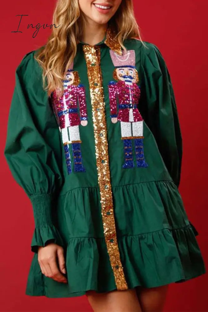 Ingvn - Sweet Solid Sequins Contrast Turndown Collar Long Sleeve Dresses