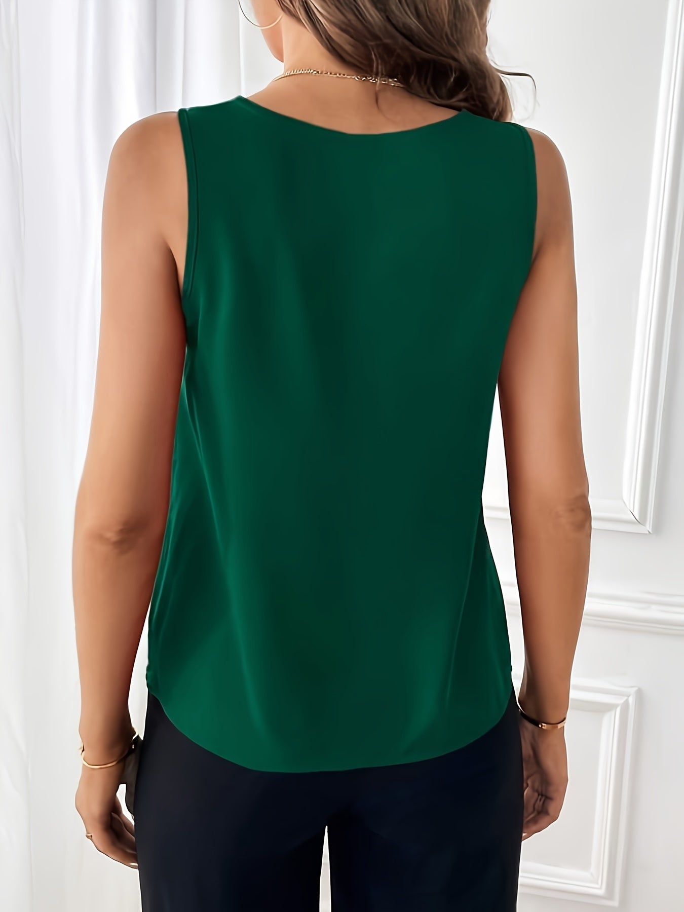 Solid V-neck Button Decor Top, Elegant Sleeveless Top For Summer, Women's Clothing