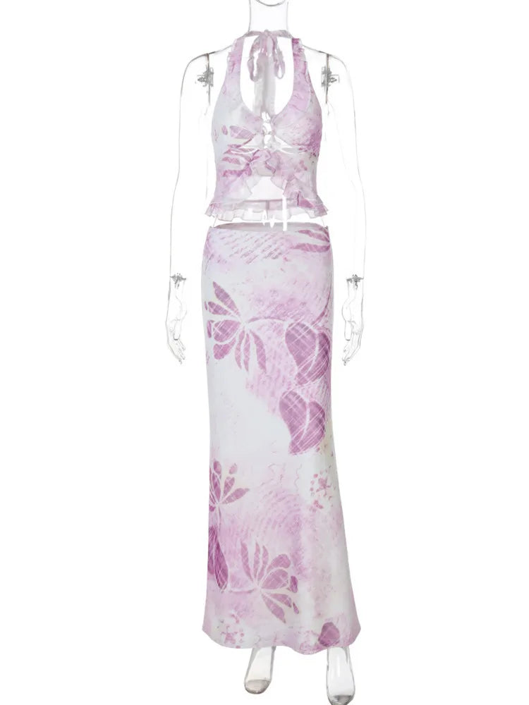 Mesh Print Sexy Skirt Two Piece Set Women Fashion Halter Tank Tops And Maxi Skirt Female Elegant Printed 2 Piece Set