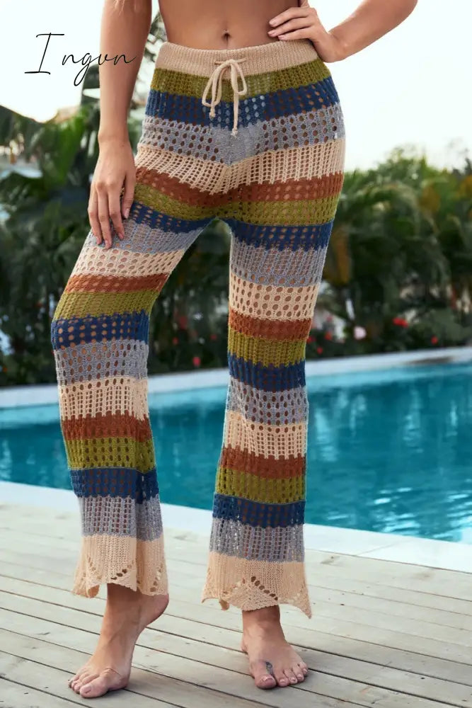 Ingvn - Casual Patchwork Hollowed Out Contrast Regular High Waist Trousers