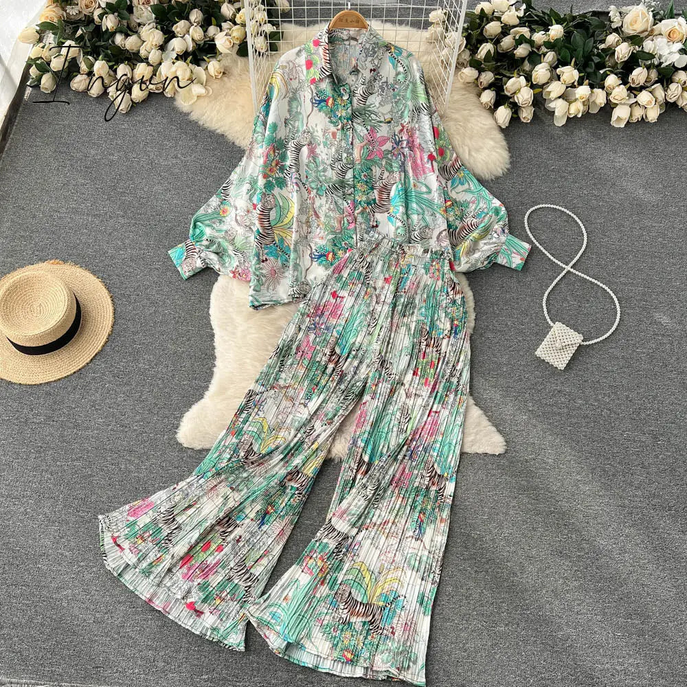 Ingvn - Women's Dress Spring Retro Print Casual Set Design Batwing Sleeve Single Breasted Blouse+High Waist Long Pants Two Piece Suits
