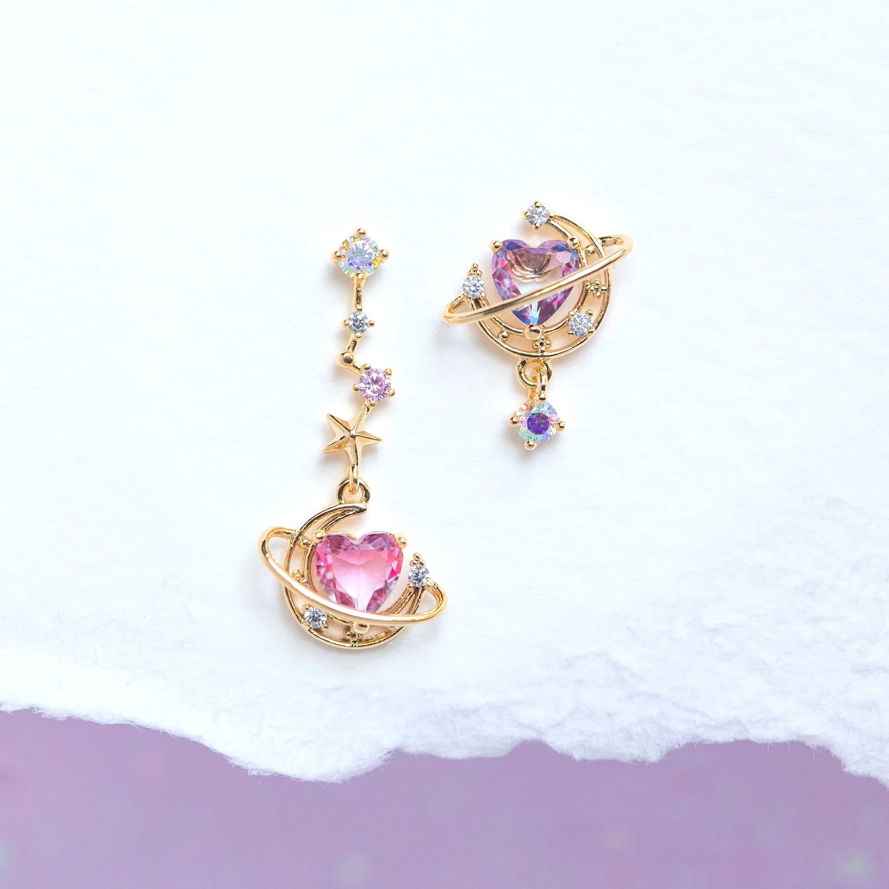INGVN  New Ins Asymmetric Moon Heart Earring For Women Cute Gold-plated Pink Zircon Heart Stud Earrings Fashion Aesthetic Jewelry Gift