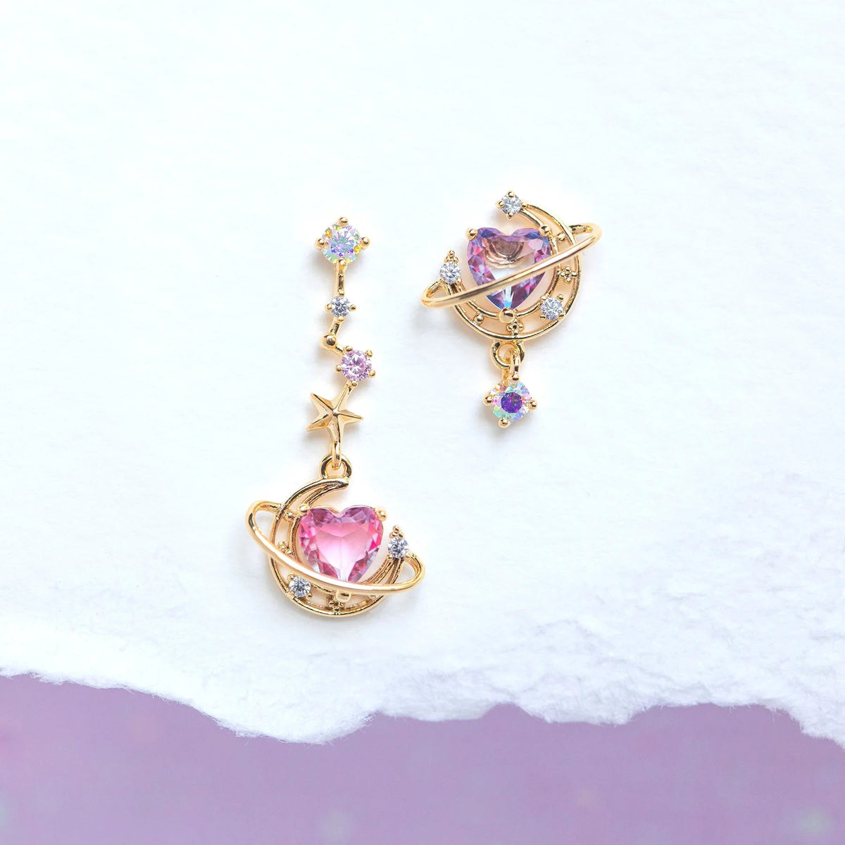 INGVN  New Ins Asymmetric Moon Heart Earring For Women Cute Gold-plated Pink Zircon Heart Stud Earrings Fashion Aesthetic Jewelry Gift