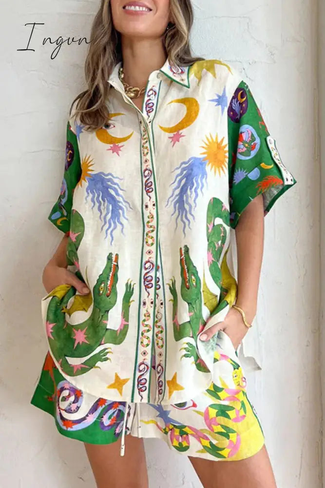Ingvn - Casual Print Patchwork Turndown Collar Short Sleeve Two Pieces