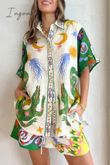 Ingvn - Casual Print Patchwork Turndown Collar Short Sleeve Two Pieces