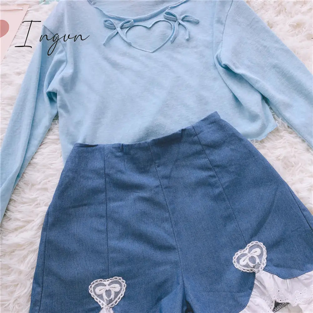Ingvn - Summer Outfits Trends Cute Lolita Girls Denim Shorts Japanese Sweet High Waist Lace Irregular Women's Shorts S-4XL Summer Kawaii Sexy Blue Shorts