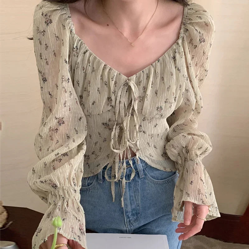 Korean Chic Elegant Lace Sweet Women Blouses Vintage O Neck Long Sleeve Perspective Female Shirts OL Blusas Mujer