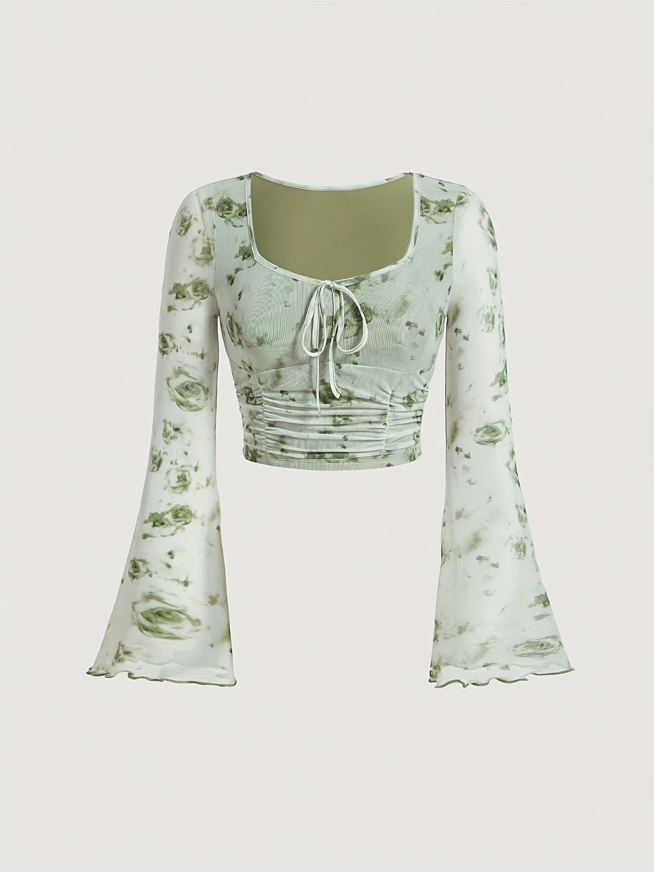 Trendy Tie Dye Print Ruched T-Shirt - Flattering Long Flare Sleeves, Casual Chic Top for Spring and Fall, Coquette Y2K Style Women's Clothing with Relaxed Fit and Soft Fabric
