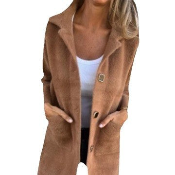 Autumn and winter single-breasted solid color lapel pocket double-sided cashmere mid-length coat for women