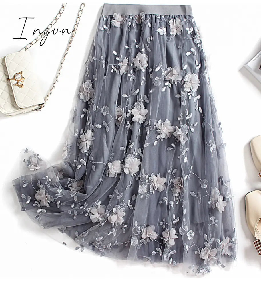 Ingvn - Luxury Woman Skirts Korean style Fashion Elastic Waist Appliques Embroidery Floral Mesh Skirt Long Gauze Ball Gown Skirt