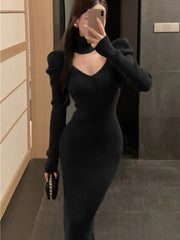 French Solid Knitted Dress for Women Elegant V-Neck High Waist Sweater Dresses Vintage Slim Bodycon Vestidos Mujer Female Outfit